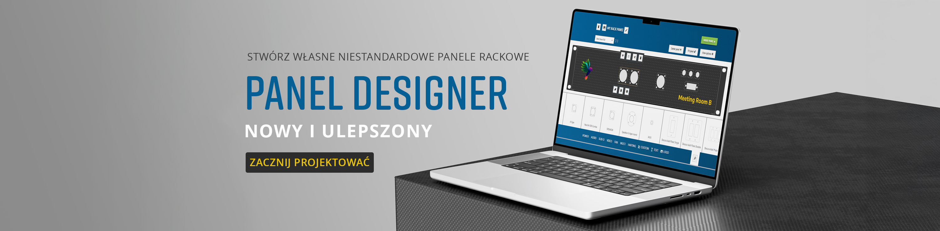 Projektant paneli na ekranie komputera, prezentujący niestandardowy projekt panelu z nowymi i ulepszonymi komunikatami oraz przyciskiem umożliwiającym rozpoczęcie projektowania