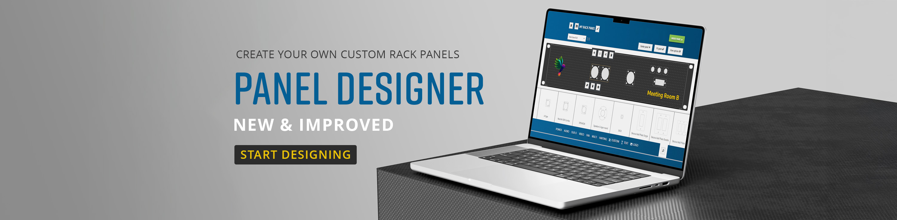 Panel designer on computer screen showing custom panel design with New and Improved messaging and button to start designing