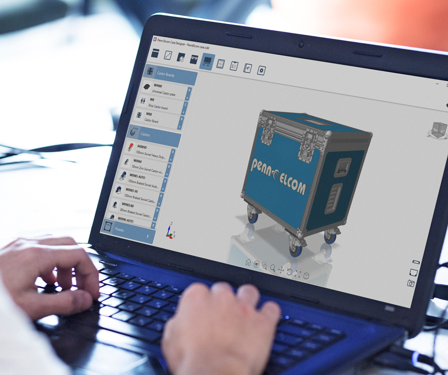 Case Designer screen on laptop with blue case