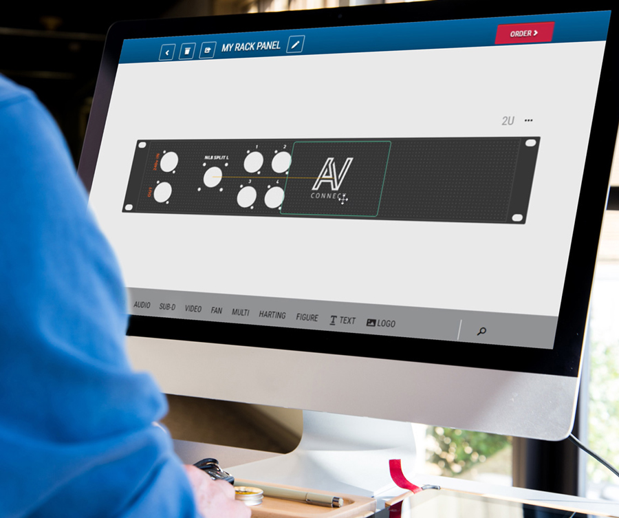 Panel Designer screen on computer showing custom 19 inch rack panel being designed
